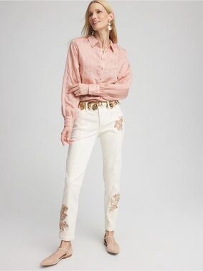 CHICO’S Pink Classic Soft Button-Front Stripe Preppy Blouse Large